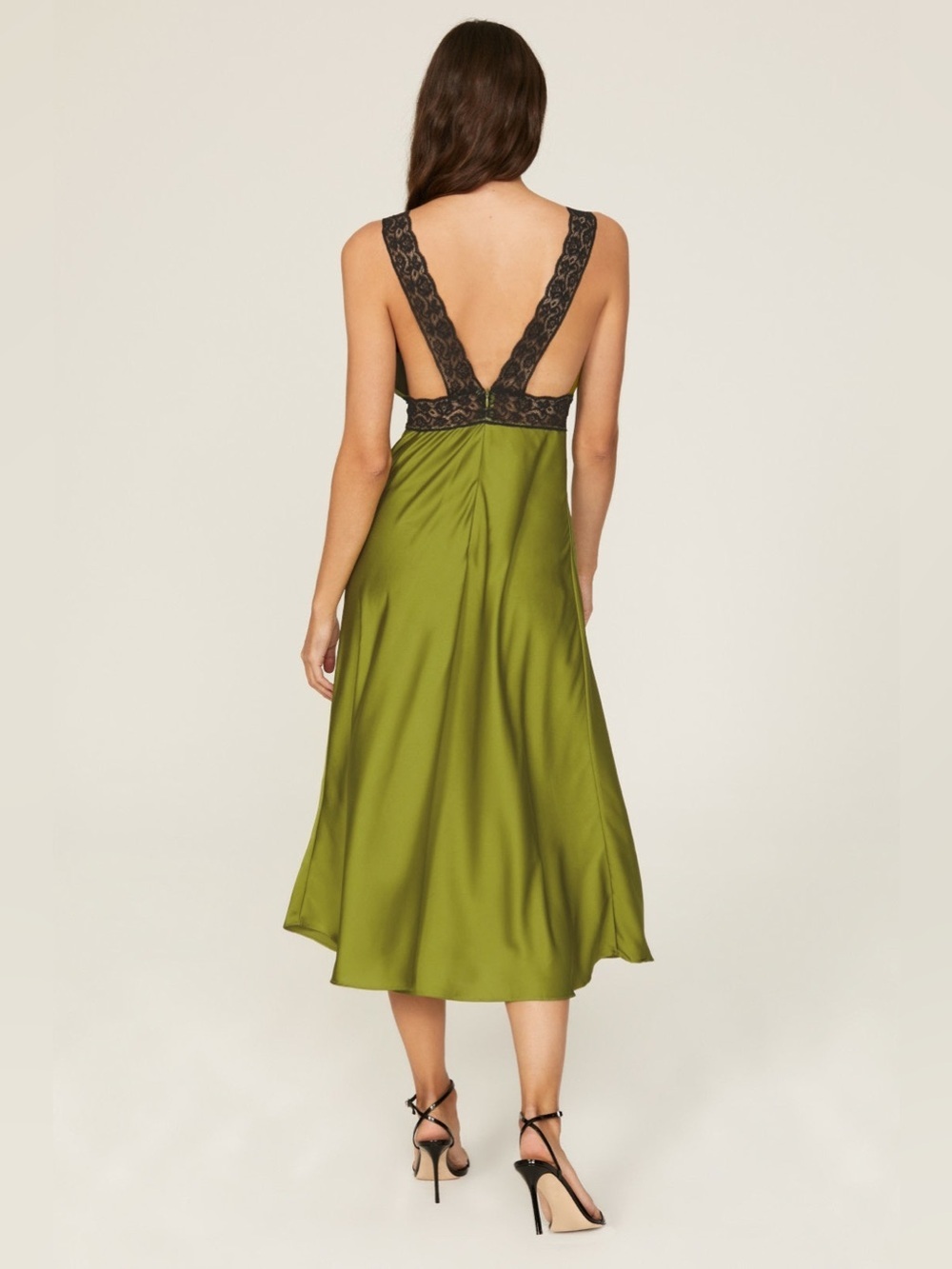 Anthropologie green slip dress with black lace size large - Picture 4 of 13